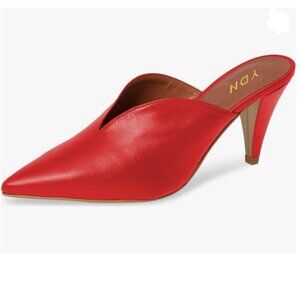 YDN Red Cone Heel Pointed Toe Slide Mules Slip on V Cut Leather Slide Sandal